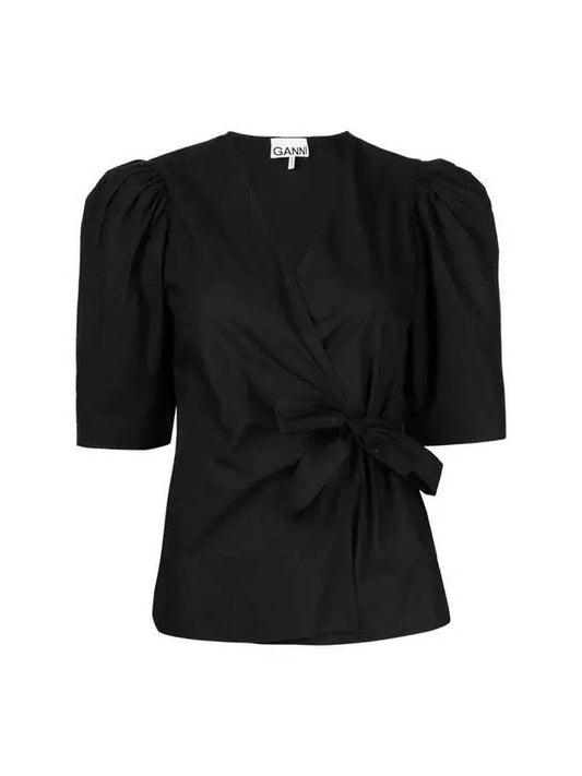 V-neck Puff Sleeve Wrap Cotton Blouse Black - GANNI - BALAAN 1