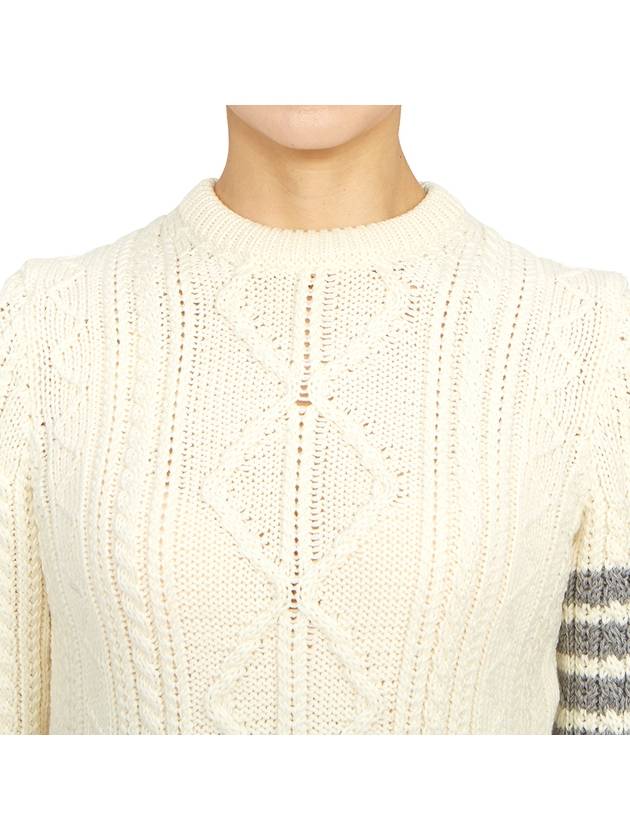 4 Bar Aran Cable Merino Crew Neck Pullover Knit Top White - THOM BROWNE - BALAAN 7