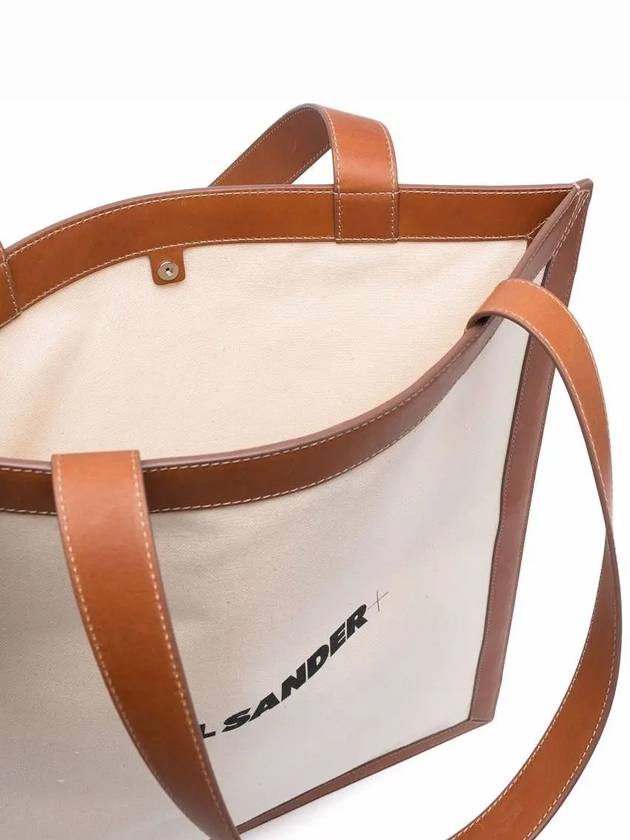 Women's Plus Logo Leather Canvas Tote Bag Beige - JIL SANDER - BALAAN 5