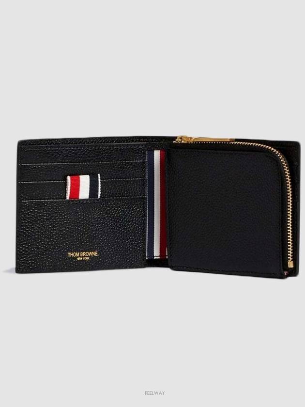 Caviar Leather Zipper Coin Pocket Bifold Half Wallet Black - THOM BROWNE - BALAAN 2