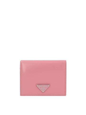 Spazzolato Triangle Logo Brushed Leather Half Wallet Pink - PRADA - BALAAN 1