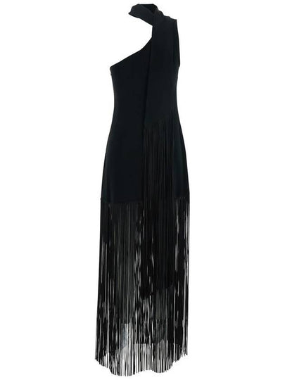 'Atlanta' Black Long Dress With Asymmetric Neck And Fringed Detail In Viscose Blend Stretch Woman - TALLER MARMO - BALAAN 2