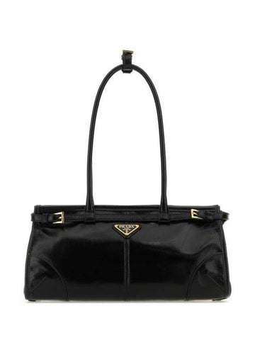 Medium Leather Tote Shoulder Bag Black - PRADA - BALAAN 1