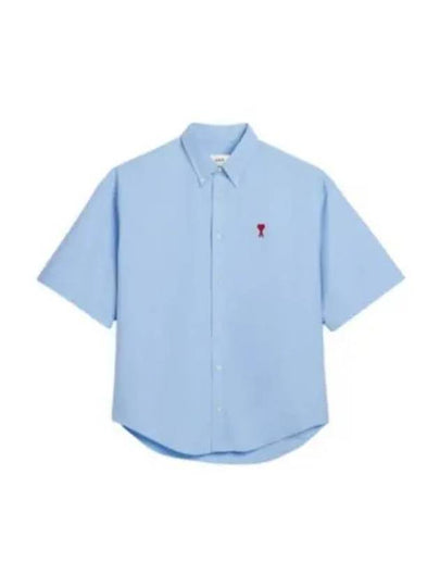 Men's Boxy Fit Embroidered Logo Short Sleeve Shirt Light Blue - AMI - BALAAN 2