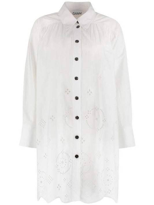 Poplin Punching Detail Shirt Long Sleeve Short Dress White - GANNI - BALAAN 1