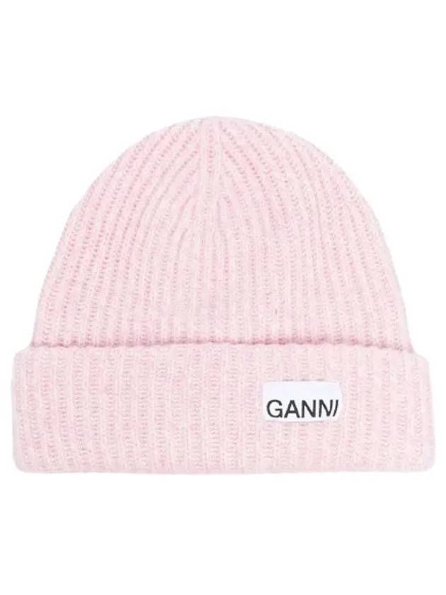 Logo Patch Knit Beanie Pink - GANNI - BALAAN 2