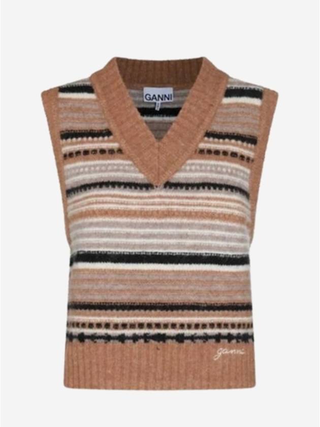 Striped Soft Wool Knit Vest Brown - GANNI - BALAAN 2