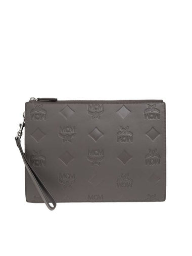 Aren Wristlet Maxi Monogram Leather Clutch Bag Grey - MCM - BALAAN 1