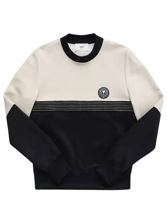 Men's Crew Neck Shiny Fleece Sweatshirt Offwhite Black - AMI - BALAAN 2