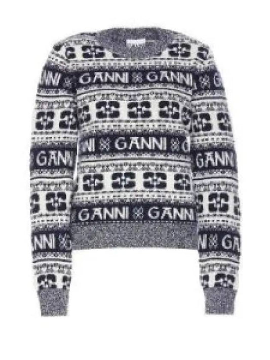 Logo Wool Mix O Neck Knit Top Sky Captain - GANNI - BALAAN 2