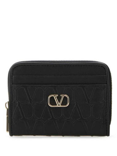 V Logo Signature Zipper Card Wallet Black - VALENTINO - BALAAN 1