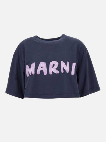 Logo Cotton Crop Short Sleeve T-Shirt Navy - MARNI - BALAAN 2