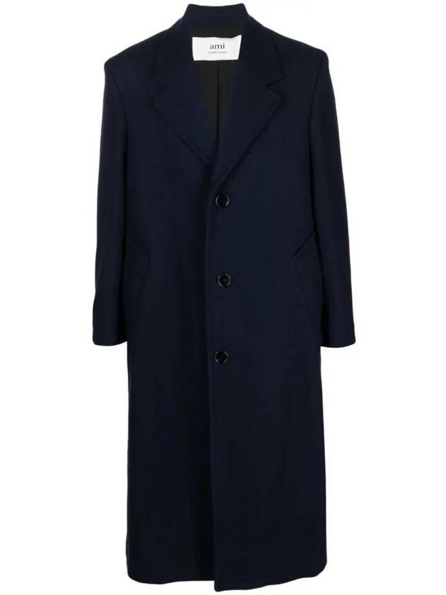 Oversized Fit Virgin Wool Single Coat Navy - AMI - BALAAN 1