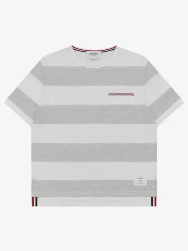 Men's Rugby Striped Pick Pocket Short Sleeve T-Shirt Pale Grey White - THOM BROWNE - BALAAN 2