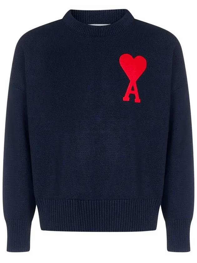 Men's Big Heart Embroidered Logo Knit Top Navy - AMI - BALAAN 2