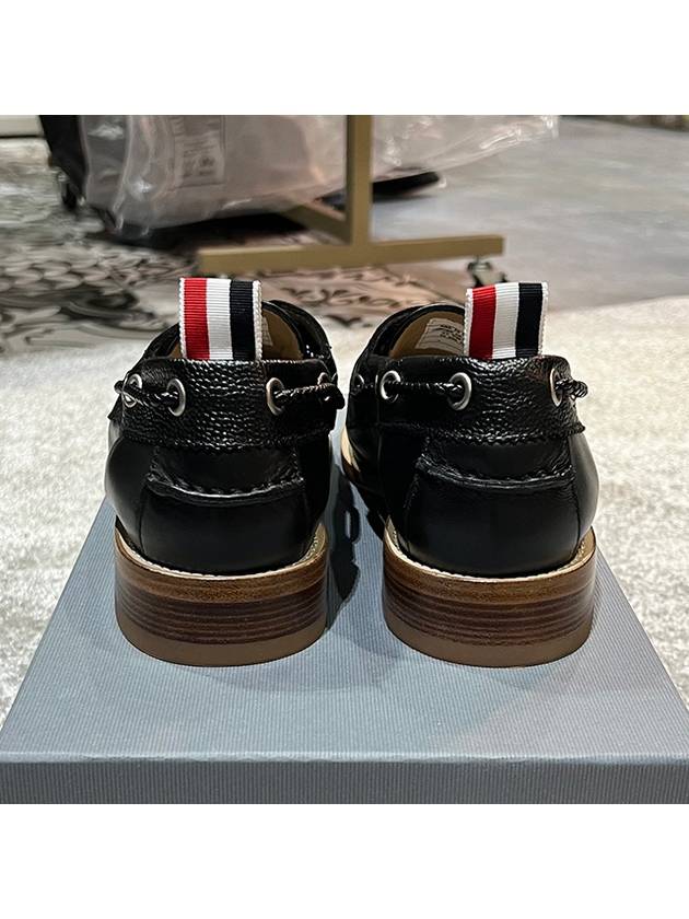 Men's Vitello Calf Leather Boat Shoes Black - THOM BROWNE - BALAAN.