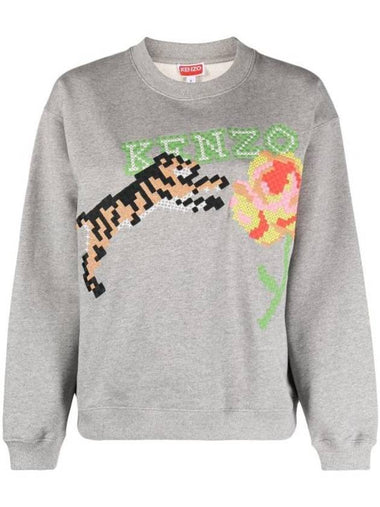 Pixel Tiger Embroidered Logo Cotton Long Sleeve T-Shirt Pearl Grey - KENZO - BALAAN 1