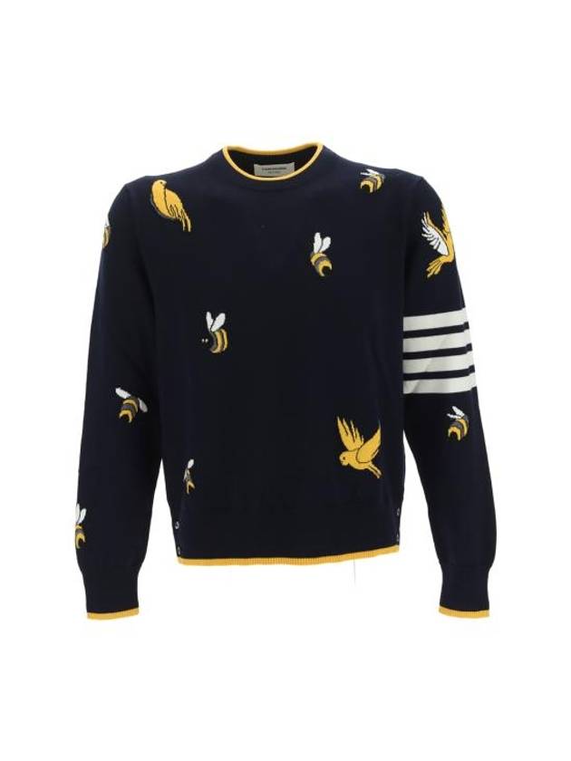 Cotton Merino Birds & Bees Intrasia 4 Bar Crew Neck Pullover Knit Top Navy - THOM BROWNE - BALAAN 2