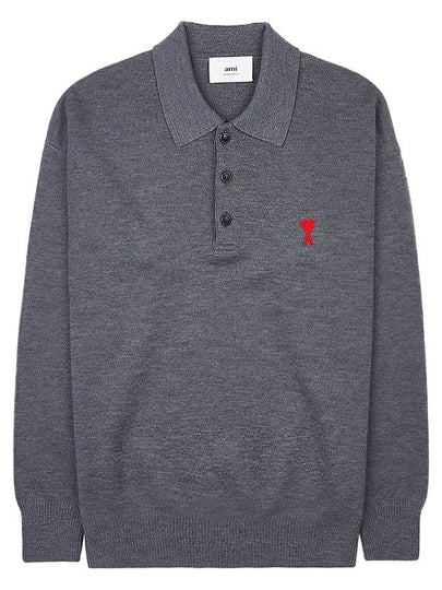 Small Heart Extra Fine Merino Wool Polo Shirt Grey - AMI - BALAAN 2