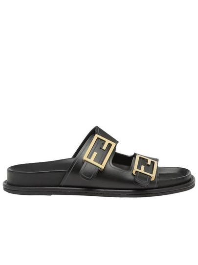 Women's FF Leather Fill Flat Sandals Slippers Black - FENDI - BALAAN 2