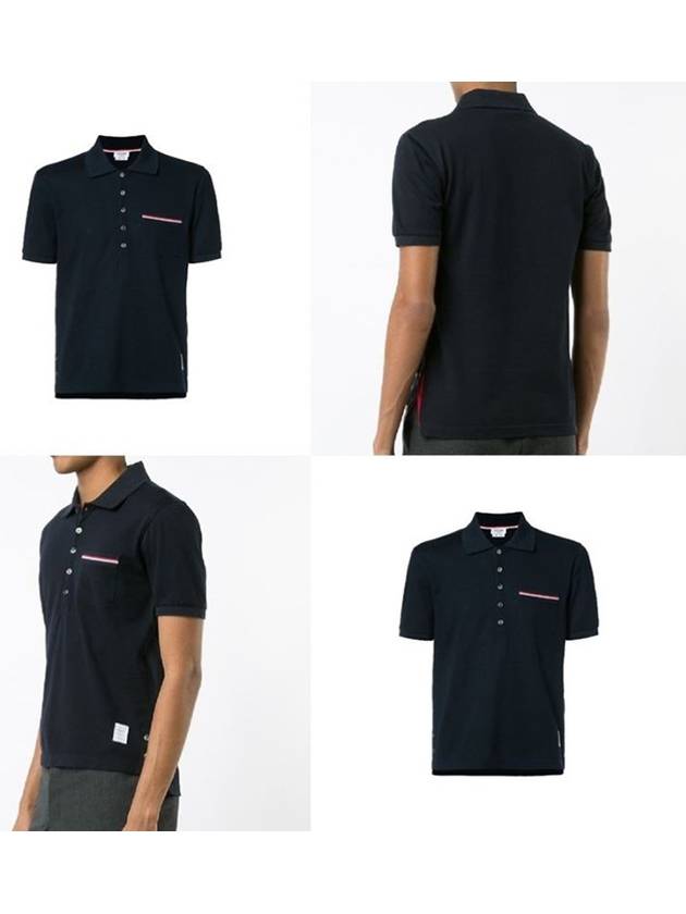 Men's Three Stripes Pocket Mercerized Short Sleeve Polo Shirt Navy - THOM BROWNE - BALAAN 6