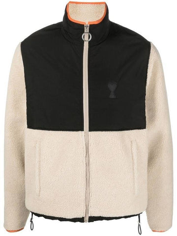 Logo Zip-up Shearling Jacket Beige - AMI - BALAAN 1