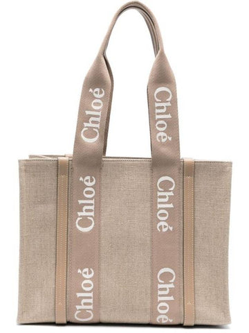 Woody Linen Medium Tote Bag Boyish Brown - CHLOE - BALAAN 1