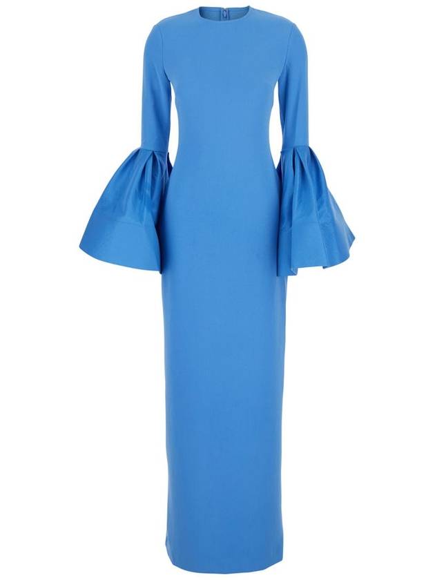 'Suri' Blue Crewneck Long Dress With Puffed Long Sleeves In Tech Fabric Stretch Woman - SOLACE LONDON - BALAAN 1