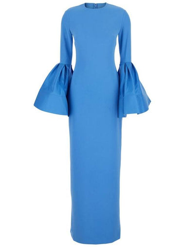 'Suri' Blue Crewneck Long Dress With Puffed Long Sleeves In Tech Fabric Stretch Woman - SOLACE LONDON - BALAAN 1