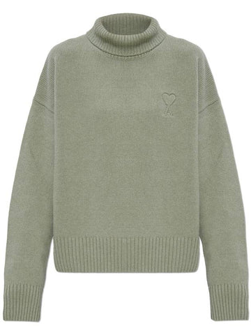 Ami Alexandre Mattiussi Wool Turtleneck With Logo, Women's, Green - AMI - BALAAN 1