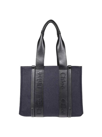 Woody Embroidered Logo Medium Leather Tote Bag Navy - CHLOE - BALAAN 1