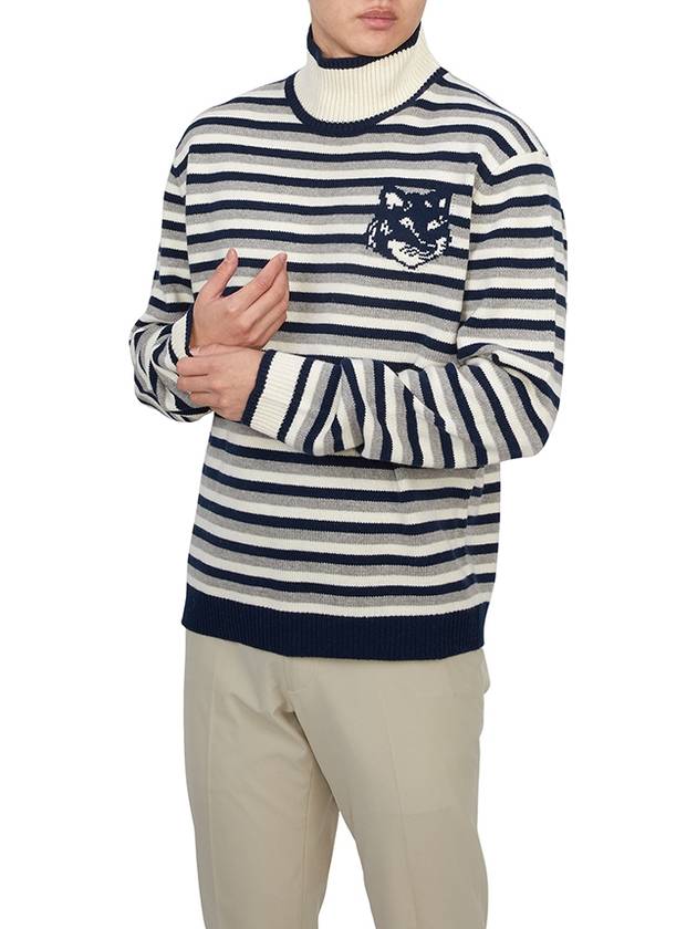 Fox Head Intarsia Striped High Neck Comfort Knit Top White Navy - MAISON KITSUNE - BALAAN 5