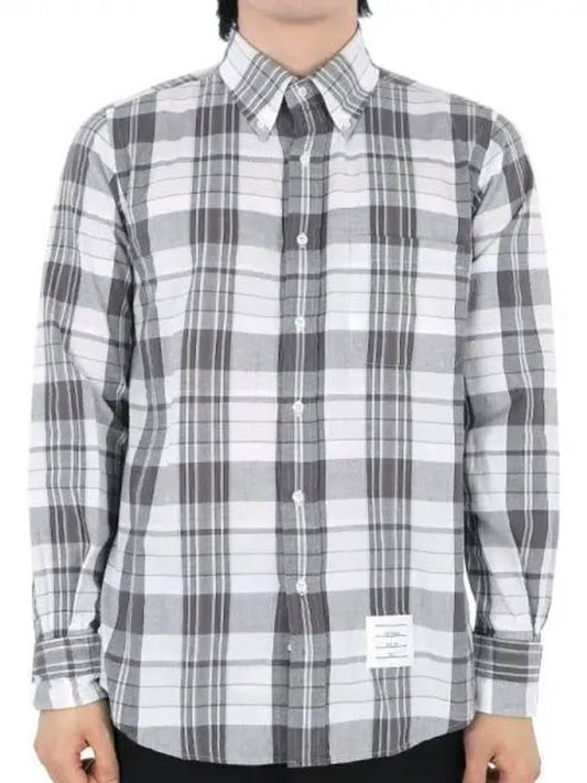 Men's Madras Straight Fit Cotton Long Sleeve Shirt Medium Grey - THOM BROWNE - BALAAN 2