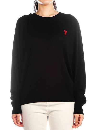 Heart Logo Crew Neck Merino Wool Knit Top Black - AMI - BALAAN 2