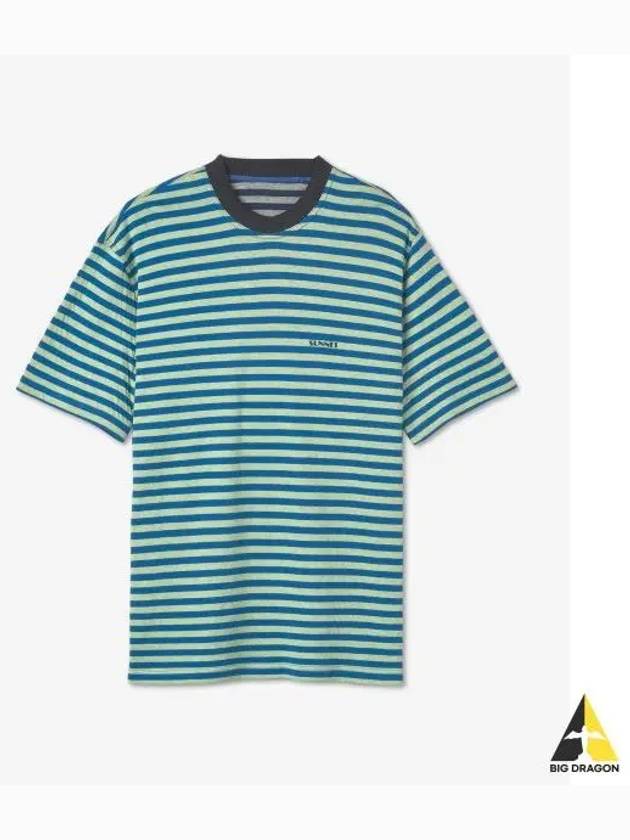 Classic Small Logo Print Reversible Stripe Short Sleeve T Shirt Blue Green MRTWXTOP005JER006BGS - SUNNEI - BALAAN 1