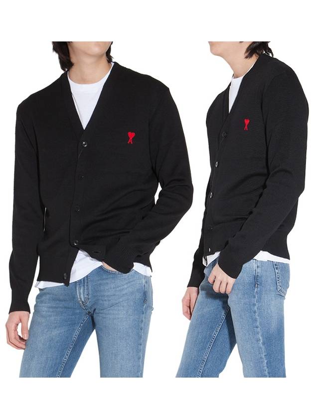 Red Heart Logo Merino Wool Cardigan Black - AMI - BALAAN 2