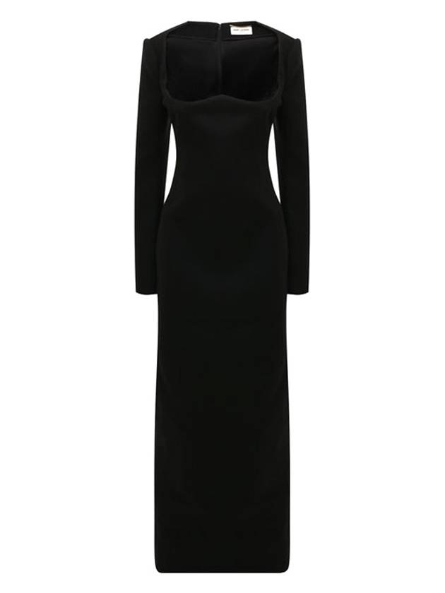 Off Shoulder Scoop Neck Wool Long Dress Black - SAINT LAURENT - BALAAN 2