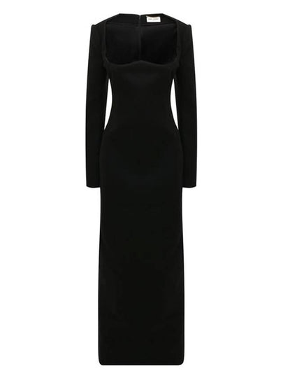 Off Shoulder Scoop Neck Wool Long Dress Black - SAINT LAURENT - BALAAN 2