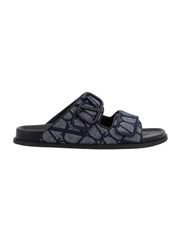 V logo buckle signature denim slippers blue - VALENTINO - BALAAN 1