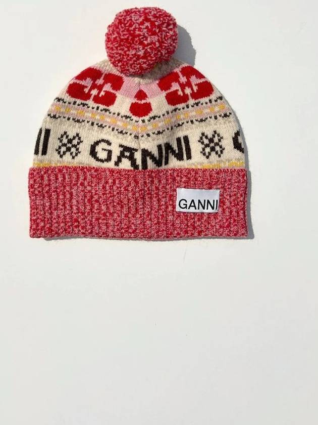 Logo Graphic Intarsia Knit Beanie Red - GANNI - BALAAN 2