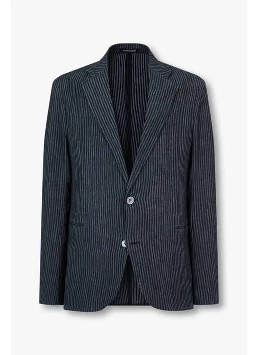 Men s Linen Blend Striped Jacket Dark Navy - EMPORIO ARMANI - BALAAN 1