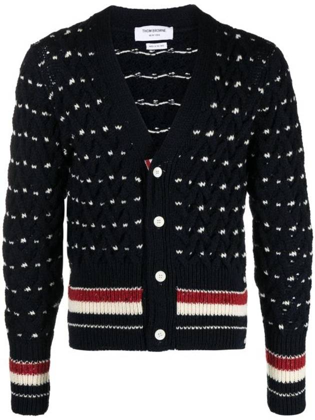 Donegal Cable Classic Wool Cardigan Navy - THOM BROWNE - BALAAN 1