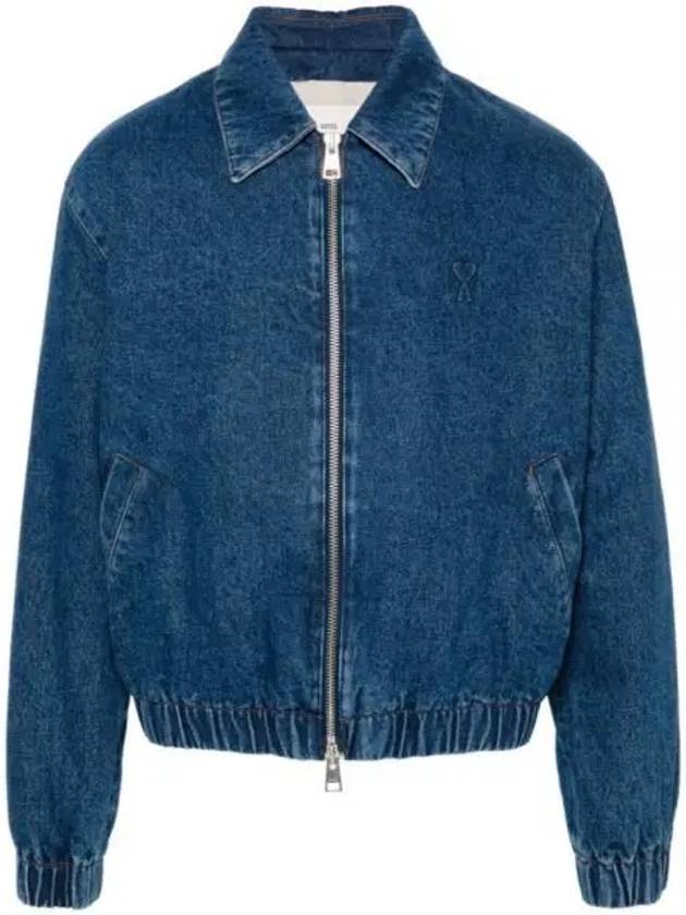 Heart Logo Zipper Denim Cotton Bomber Jacket Blue - AMI - BALAAN 2