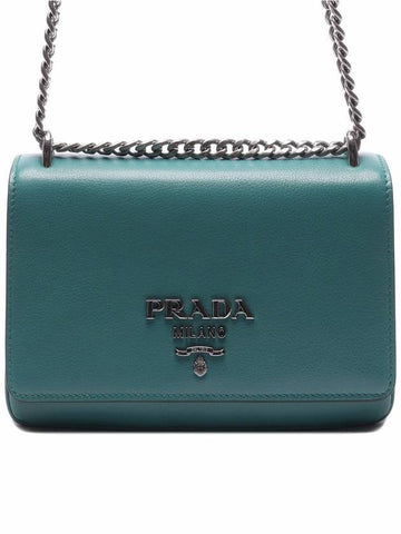 Ladies Pattina Flap Logo Silver Chain Soft Leather Shoulder Bag Green - PRADA - BALAAN 1