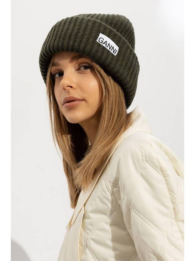 Logo Wool Beanie Khaki Women s - GANNI - BALAAN 5