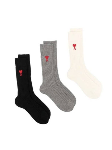 Heart Embroidered Logo Cotton Socks 3 Pack - AMI - BALAAN 1