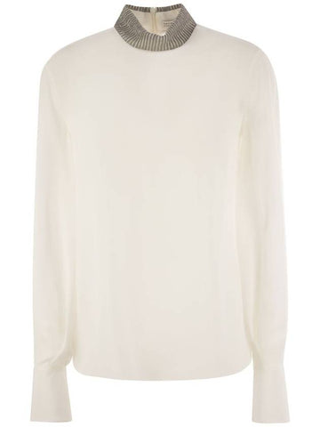 Silk crepe de chine blouse with neck jewel - BRUNELLO CUCINELLI - BALAAN 1