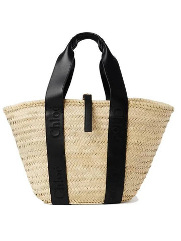 Sense Medium Raffia Basket Tote Bag Black - CHLOE - BALAAN 1