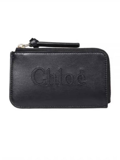 Embroidered Logo Shiny Calf Skin Zipper Card Wallet Black - CHLOE - BALAAN 2