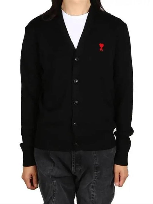 Heart Logo Merino Wool Cardigan Black - AMI - BALAAN 2